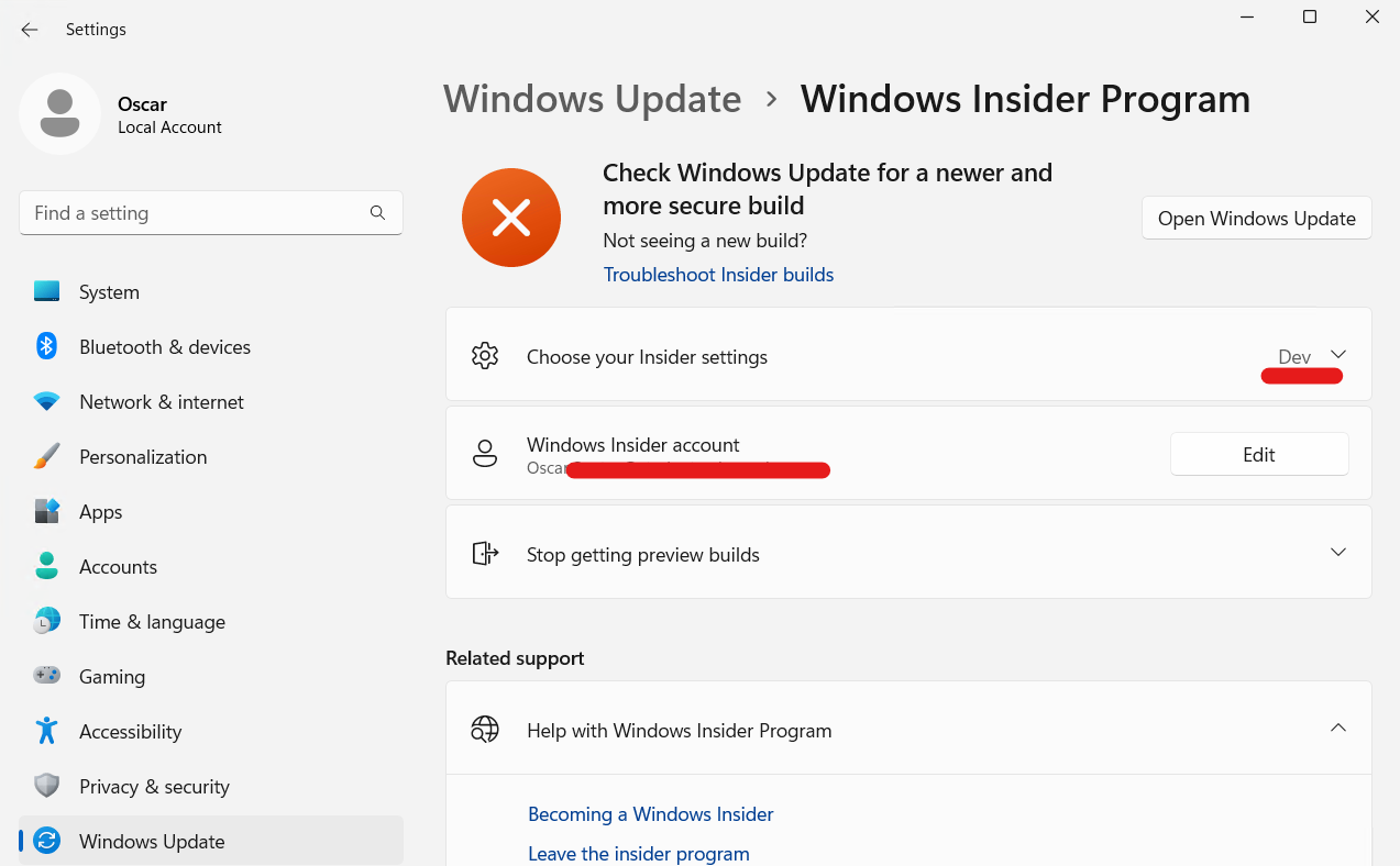 Once restarted, you see the channel and your account in Windows Insider Program menu